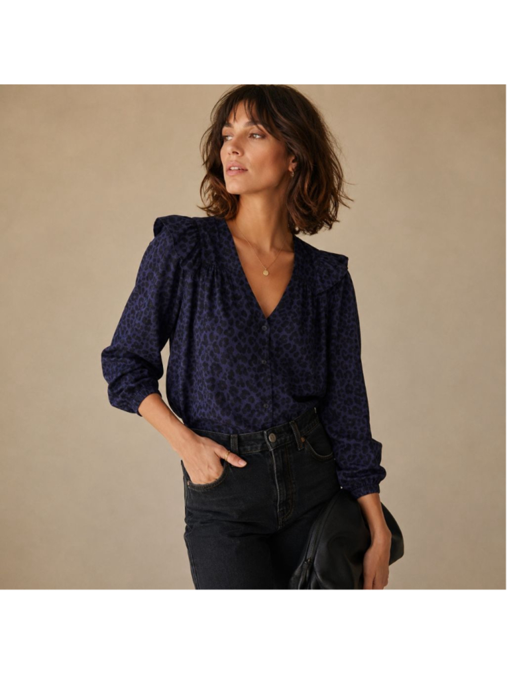 Marine Layer Blue Leopard Ruffle Rory Blouse XS NWT